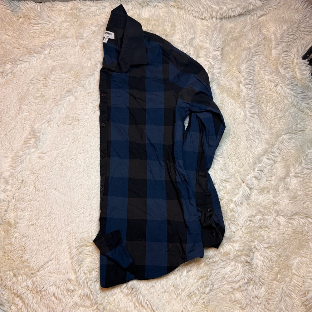 Express men’s XL extra slim Blue/Black Plaid Long-Sleeve Button-Down Shirt - Picture 10 of 10